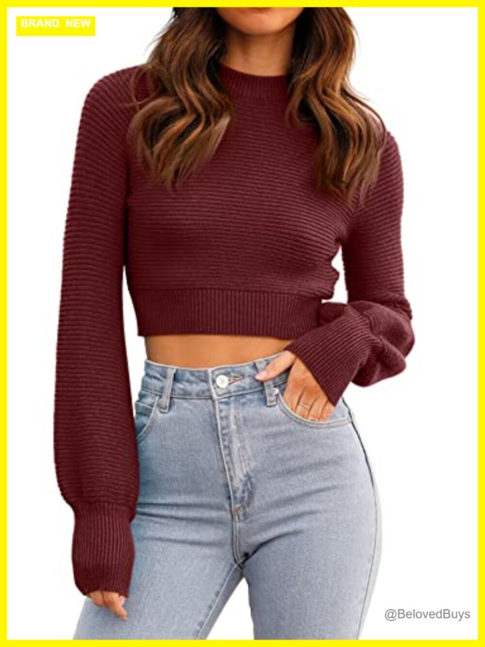 Ribbed Knit Cropped Sweater Long Sleeve Crew Neck Pullover
